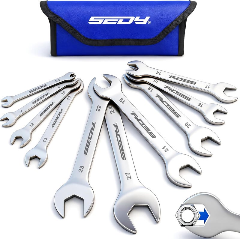 SEDY 10-Piece Super Thin Open-End Wrench Set, Metric 5.5–27mm, 3mm Thickness Slim Wrench Set for Tight Spaces, Nickel Plated Flat Wrenches with Rolling Storage Pouch - Image 1